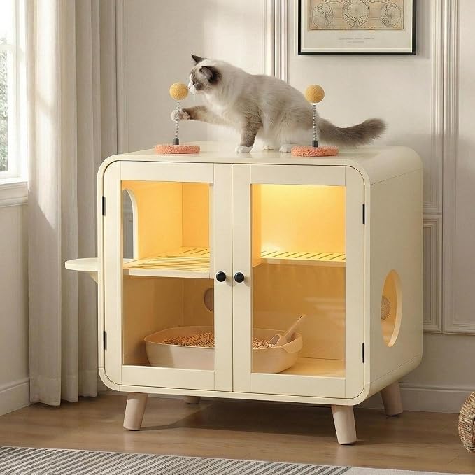 30.7 Inch Cat Litter Box Enclosure Furniture with Stairs, Beige | RGB LED Light, Dual Glass Doors, Litter Leak Walkway, Pom-Pom Toys, Side Stairs and 220 lb Top Capacity for Indoor Cat Care