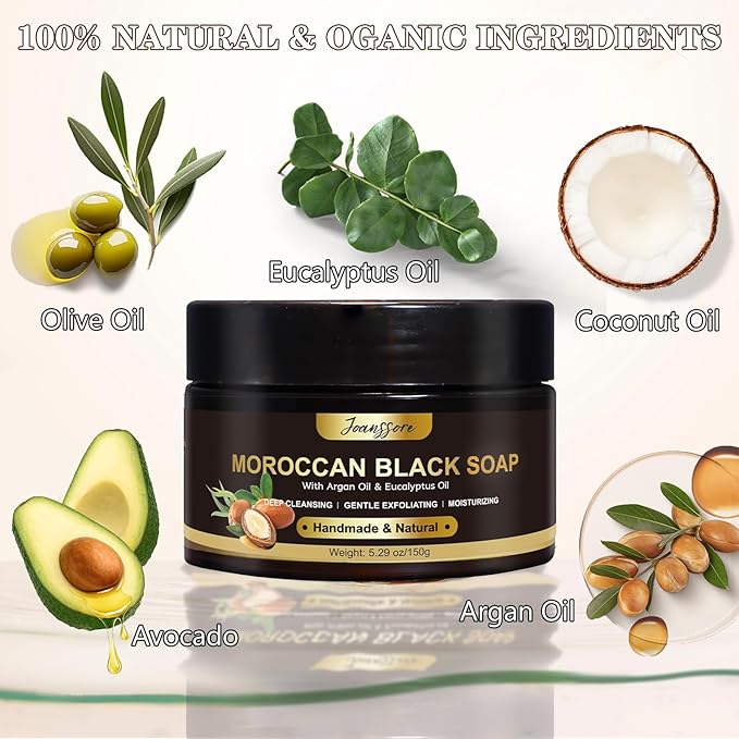 2 Pack Moroccan Black Soap Hammam, Morocco Body Scrub with Exfoliating Glove, Exfoliating Body Cleanser, Argan Oil & Eucalyptus – Deep Cleansing, Softens Skin
