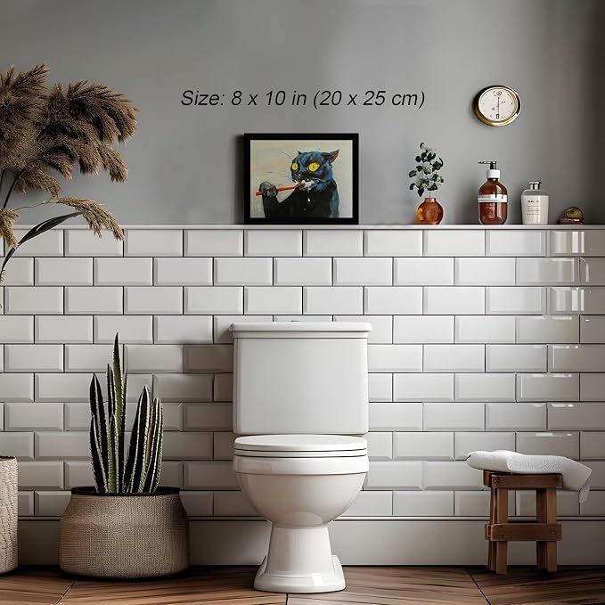 ICHZUMW Framed Funny Black Cat Bathroom Decor Canvas Wall Art, 8x10 Inches | Quirky Black Cat Brushing Teeth Painting, Humorous Bathroom Wall Decor, Restroom Powder Room, Fade Resistant, Ready to Hang
