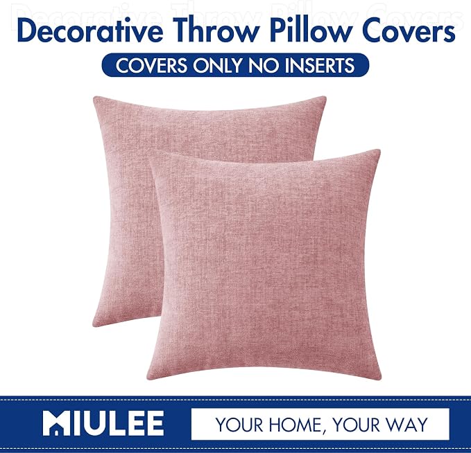 MIULEE Soft Chenille Throw Pillow Covers Blush Pink 20x20 Inch Pack of 2 | Modern Home Decor, Classic Decorative Pillows, Solid Dyed Cases, Boho Couch Cushion Covers for Sofa Bed Living Room