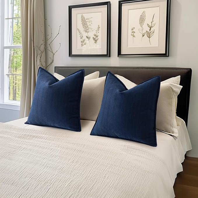 MIULEE Pack of 2 Navy Blue Euro Shams Chenille Pillow Covers 24x24 Inch | Decorative Soft Couch Throw Pillows,Farmhouse Cushion Covers,Elegant Design for Sofa,Bed,Living Room,Summer Decor