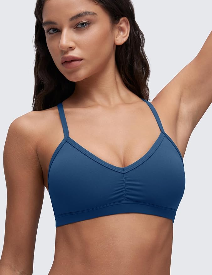 CRZ YOGA Butterluxe Ruched Sports Bras for Women - V Neck Spaghetti Thin Strap Y Back Wireless Padded Yoga Crop Top