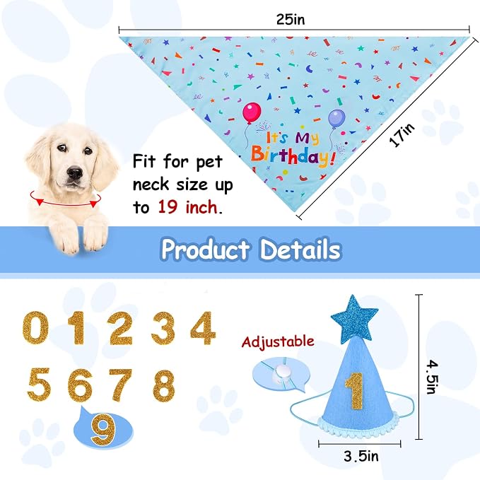 Dog Birthday Bandana Set, Dog Birthday Party Supplies,Dog Birthday | Puppy Boy Girl Birthday Party Hat with Numbers for X-Small, Small and Meidum Puppy (Blue),Dog Birthday Decorations,Breathable
