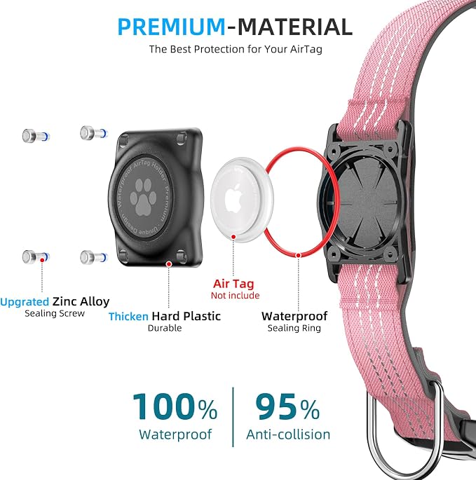 Upgrade Dog Collar with AirTag Holder, IP68 Waterproof, Pink, M | Built-in Water Resistant AirTag holder, 1000D Nylon, Reflective Stitching for Night Visibility, Soft padding for Comfort