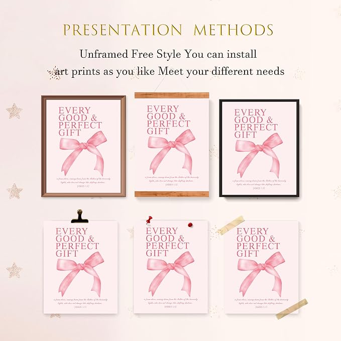 LARTSFRO Coquette Pink Bow Wall Art Decor Posters, Pink Bow Christian Room Bedroom Bathroom Dorm Wall Art Decor for College Teen Girls Kids Gifts, Inspirational Bible Verses Bow Wall Decor, 10x8 Inch Set of 4 Pcs Bow Pictures (UNFRAMED)