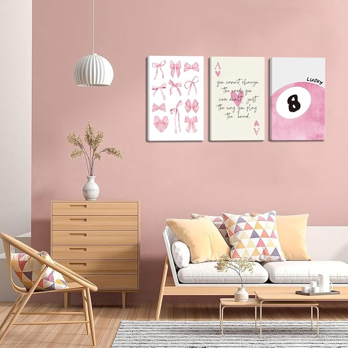 Trendy Pink Bows Canvas Wall Art Set of 3, Vintage Preppy Lucky 8 Ball Wall Decor, Pink Girly Room Aesthetic Posters Prints Painting for College Apartment Living Room Bedroom Framed 16x24 In