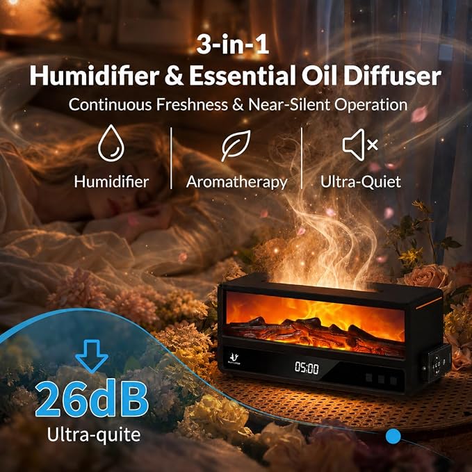 Fireplace Aroma Diffuser for Bedroom Nightstand, Essential Oil Diffuser with Realistic Flame Effect, Remote Control, Timer Auto-Off, 7 Color LED Ultrasonic Aromatherapy Diffuser for Home Office Decor