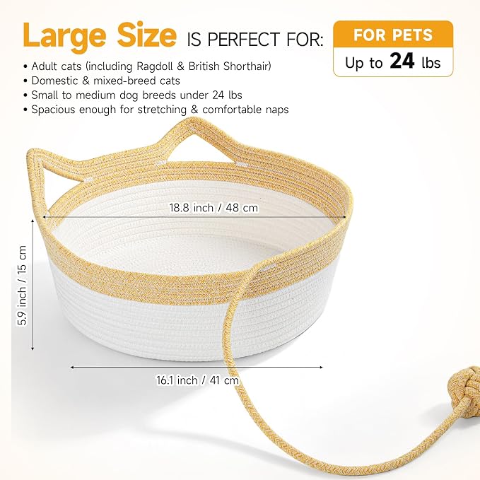 Cotton Rope Woven Cat Bed, Instinct Pet Basket with a Play Ball, Large | Foldable Cat Scratcher Basket for Indoor Cats, Puppies, Rabbits and Small Pets, Yellow & White