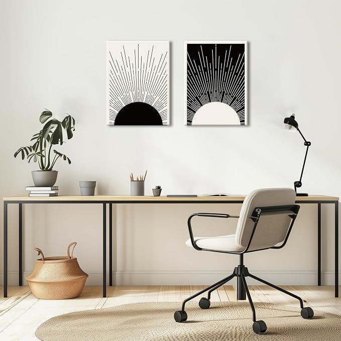 Hwetui Framed Boho Sun Wall Art Set of 2 Black and White Minimalist Sunrise Canvas Prints Abstract Sunshine Painting Geometric Line Pictures Home Decor for Living Room Bedroom Bathroom 12x16in
