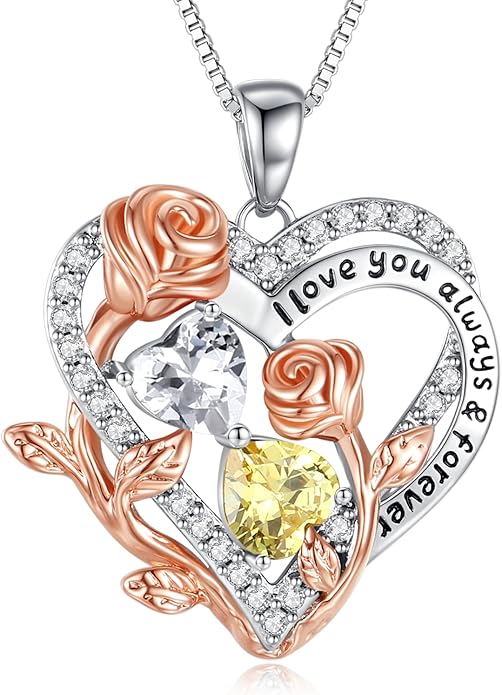 I Love You Birthstone Necklace, 925 Sterling Silver Heart Pendant with CZ Diamond Stones, Birthday Gifts for Women, Romantic Gift for Wife, Girlfriend, Her, Anniversary, Valentine's Day, Christmas
