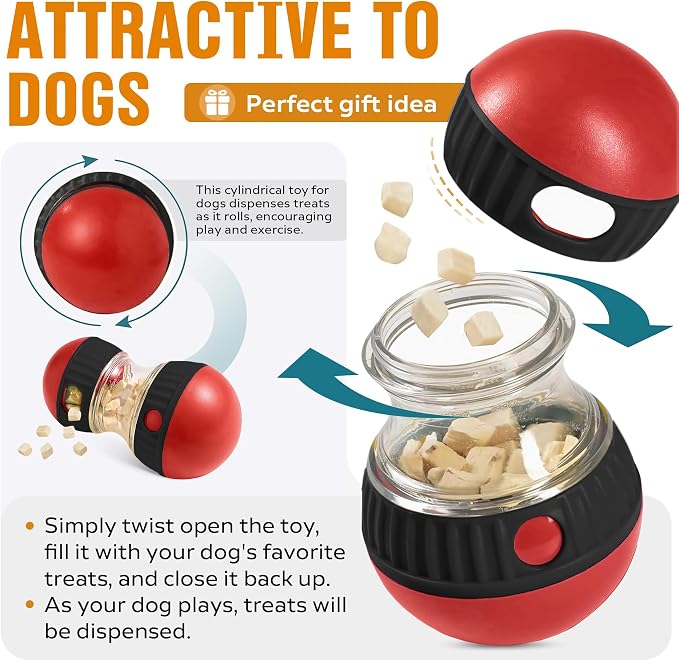 Interactive Dog Treat Dispenser Ball, Adjustable Puzzle Toy for Mental Stimulation and Slow Feeding, Food Grade ABS, Red and Blue, for Small Medium Large Dogs (Red)