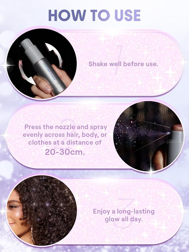 SHEGLAM Hair & Body Glitter Mist Spray - Shimmering Sparkle Makeup for Parties, Festivals, Cosplay, Halloween - Long Lasting, Non-Clogging, Easy Wash Off, 0.3 Fl Oz (Purple)