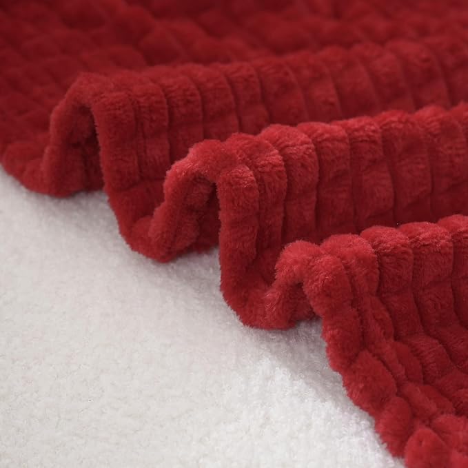 Puncuntex Fleece Throw Blanket Red 50"×70" with Square Grid Design | Super Soft Plush Cozy Flannel Throw Blanket Luxury for Couch Sofa Chair