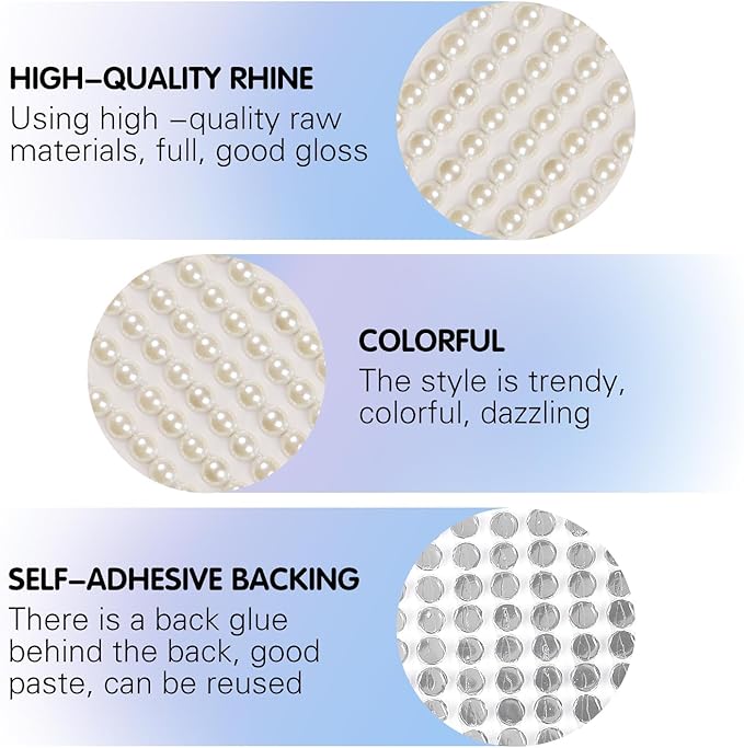 8 Sheets Rhinestone Stickers，3584 Pcs Gem Stickers for DIY Face Eyes Makeup Hair（Bead Pearl-3/4/5/6mm）