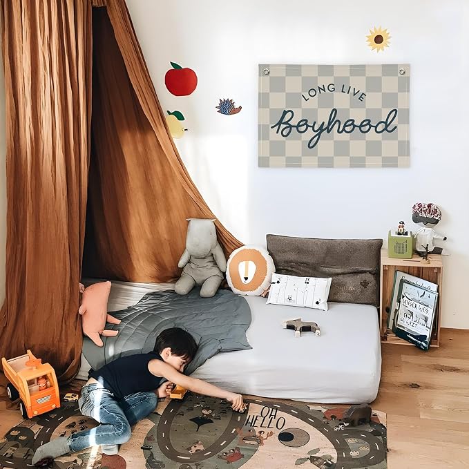 Long Live Boyhood Linen Banner，Vintage Nursery Checkered Flag Boys Room Decor，Decor Nursery Playroom Wall Decor for Kids Bedroom Dorm,Toddler Decorations Trendy Room Decor,Gifts for Teen boyroom
