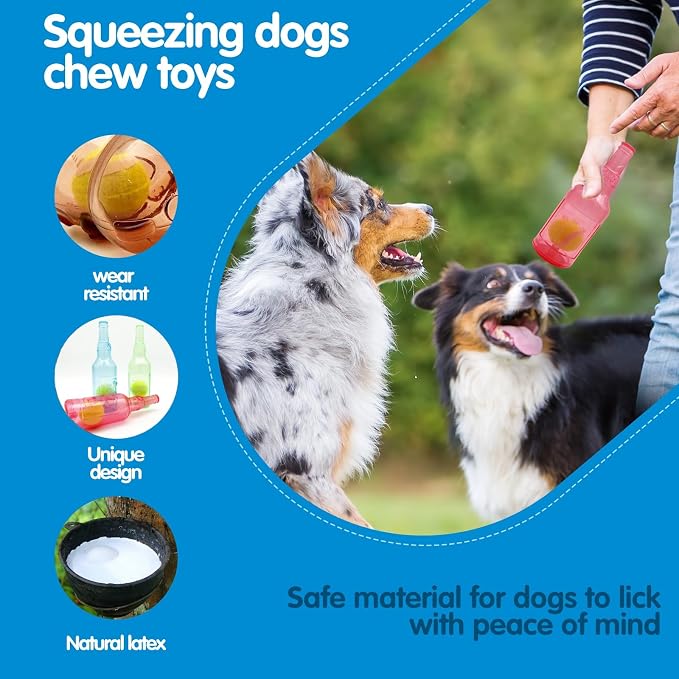 Cute Tough Dog Toy Rubber Bottle Squeaky Dogs Chew Toy Long Lasting Interactive Fetch Toy for Teething Tennis Ball Included (Blue, Large)