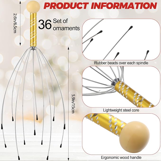 Soaoo 36 Pcs Scalp Massager Manual Head Massager Christmas Relaxing Gifts Handheld Steel Wire Head Scratcher with Wooden Handle for Body Home Office Spa Stress Relief Relaxation Women Men (Multicolor)