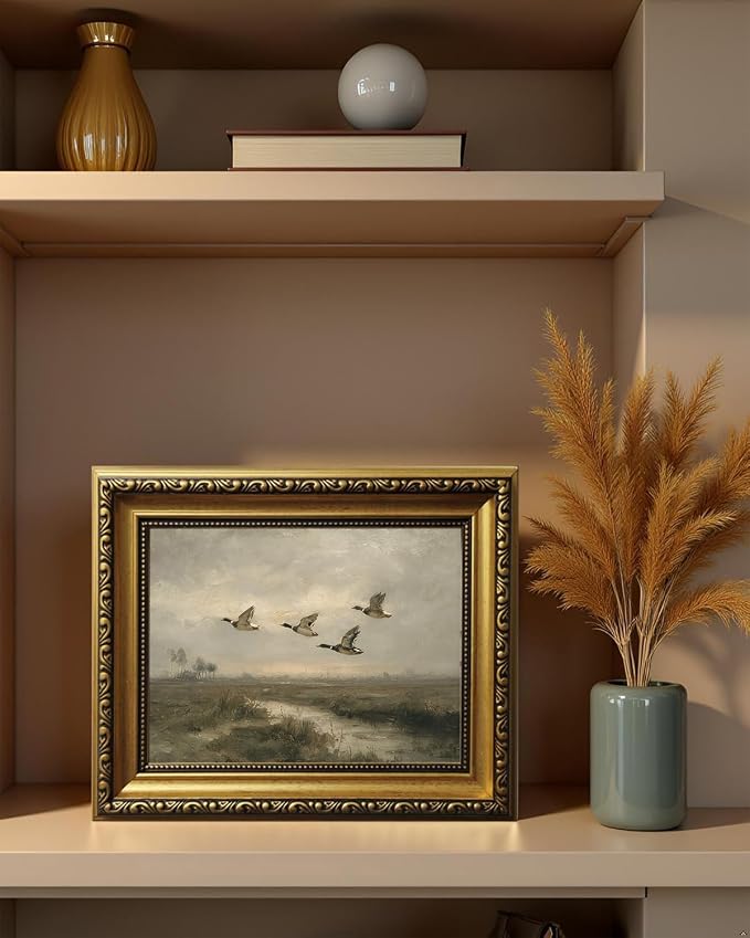 Vintage Hunting Gold Framed Wall Art Flying Mallard Duck Wall Decor Art | Rustic Landscape Painting Canvas Art Farmhouse Cottagecore Small Framed Prints Artwork Bedside Tables Foyer Bookshelf Entry