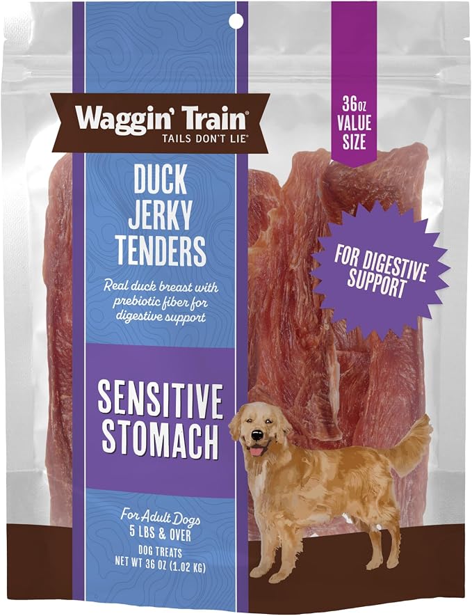 Waggin' Train Duck Jerky Dog Treats for Dogs with Sensitive Stomachs, Made with 100% Real Duck Breasts, Three All-Natural Ingredients, High Protein Dog Treat, Easily Digestible for Dogs, 36 oz. Pouch