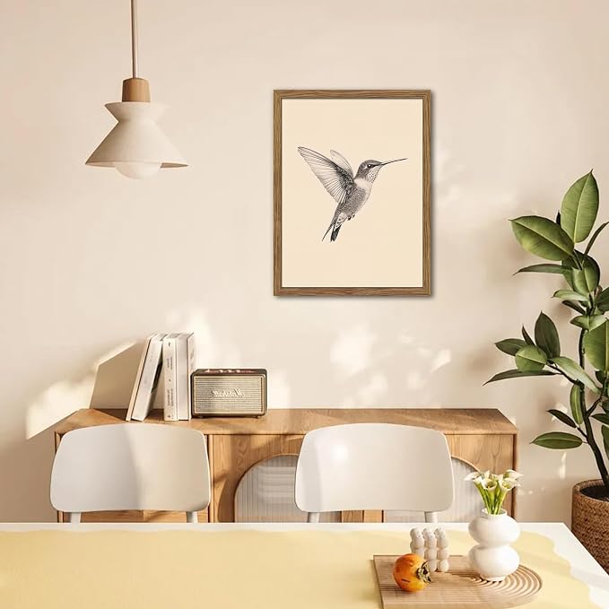 Vintage Framed Wall Art, Birds Canvas Prints, Hummingbird Sketch Painting Picture, Neutral Farmhouse Artwork Wall Decor for Living Room Bedroom – Dark Wooden Frame 12x16in