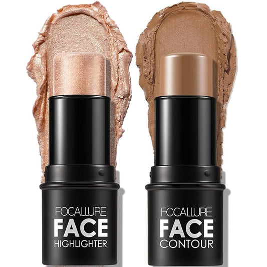 FOCALLURE 2 Pcs Mineral Cream Contour Stick,Moisturize Highlighter and Bronzer Pen,Non Stick Face Brightens & Shades Pencil,Long Lasting & Smooth Gliding Face Illuminator Makeup,Medium