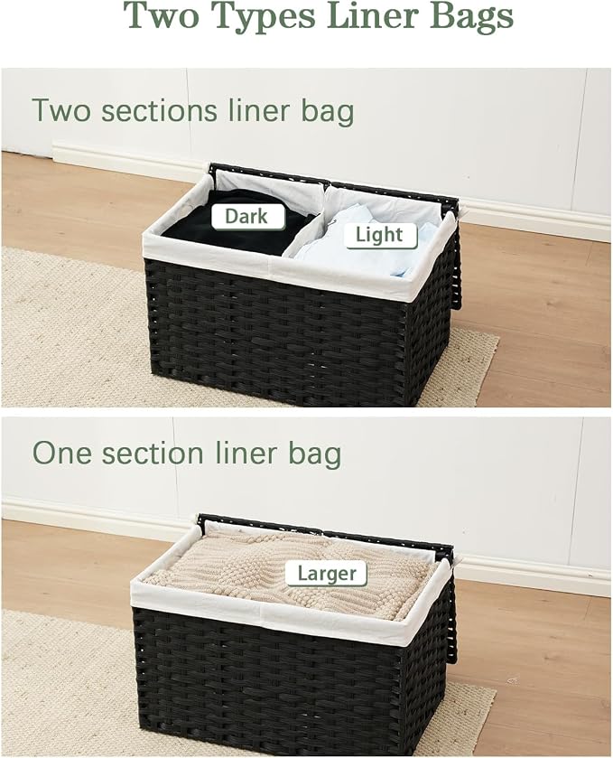 SETVSON Storage Basket with Lid PE Rattan Storage Basket 105L, Black | 27.8 Gallon Storage Bin with 2 Separate Lids, 2 Removable Liners for Clothes & Blankets, Sturdy Metal Frame, PE Rattan