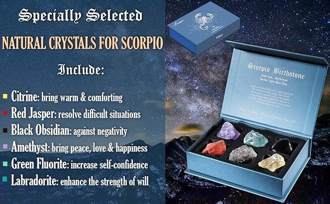 Faivykyd Scorpio Crystals Gifts for Women, 6 Scorpio Zodiac Healing Stones w/50 Miracle Mantras Affirmations Cards, Spiritual Gifts for Positive Energy, Self-Love & Wealth