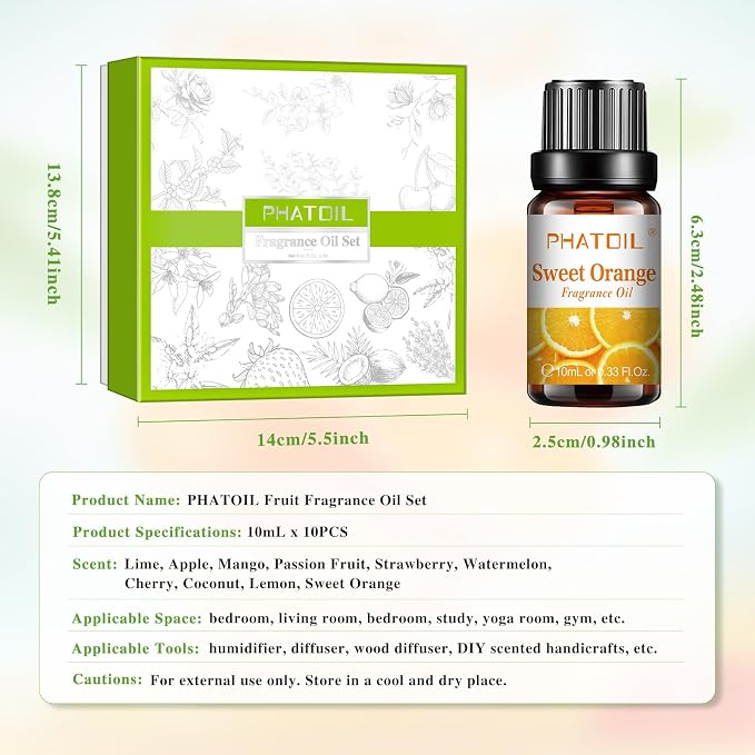 PHATOIL 10Pcs Fruity Fragrance Oil Set, Coconut, Cherry, Apple, Strawberry, Mango Oils for Candle Making, Freshie Scents for DIY Soap Making, Diffuser Oil Scents Set