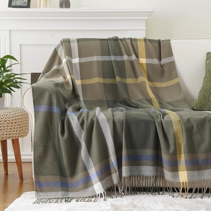 Green Plaid Throw Blanket for Couch, Army Green Plaid Blanket 50"x60" | Lightweight Farmhouse Outdoor Throw Blankets for Bed, Sofa, Cozy Woven Throw with Tassels