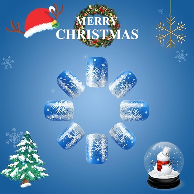 Christmas Snowflake Press on Nails Short Square Xmas False Nails Blue White Gradient Acrylic Glue on Nails Glossy Winter Christmas Fake Nails for Women Girls