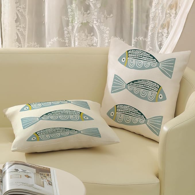 Coastal Pillow Covers 16x16 Inch Set of 2 Ocean Beach Blue Fish Throw Pillows Summer Natical Outdoor Decorative Pillow Cases Linen Farmhouse Cushion Cover for Couch Home Sofa Bedroom Decor