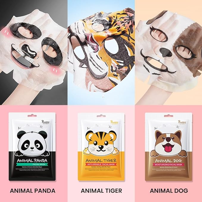 evpct 7-Pack Animal Sheet Face Facial Masks for Women Skincare Spa, Facial Spa Day Slumber Sleepover Birthday Party Favors Supplies Kit, Natural Ingredients, Hydrate and Soothe for All Skin Types