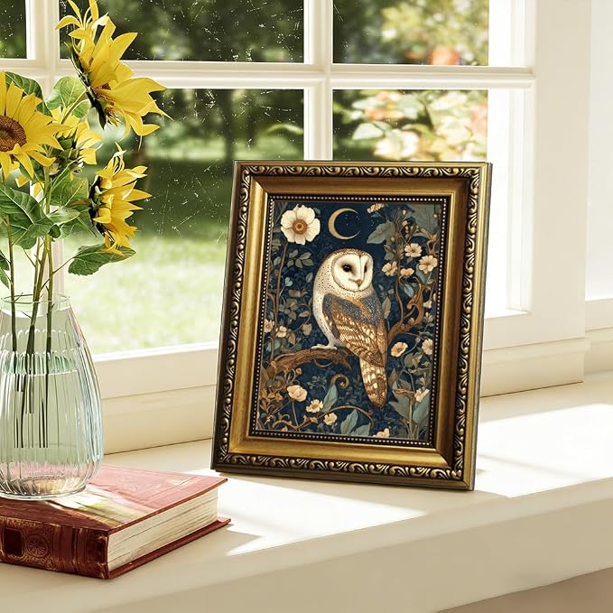 William Morris Gold Framed Wall Art Vintage Woodland Barn Owl Wall Decor | Cottagecore Botanical Animal Pictures Canvas Art Moody Dark Academia Small Framed Prints Artwork for Bookshelf Gallery Wall