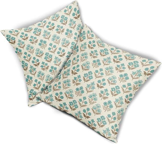 Brown Cyan Floral Block Print Pillow Covers 20x20 Inch Set of 2, Vintage Flower Pattern Decorative Throw Pillowcases Outdoor Farmhouse Cushion Covers Spring Summer Rustic Sofa Couch Bed Decor