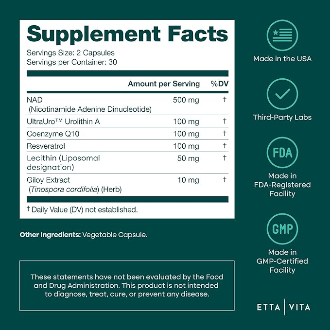 Liposomal NAD+ Supplement - Resveratrol, Urolithin A, CoQ10 & Muira Puama (Made in USA) NAD Supplement for Natural Energy, Brain Fog, Digestion, Detox, Gut Health, Microbiome, NR NMN Replacement