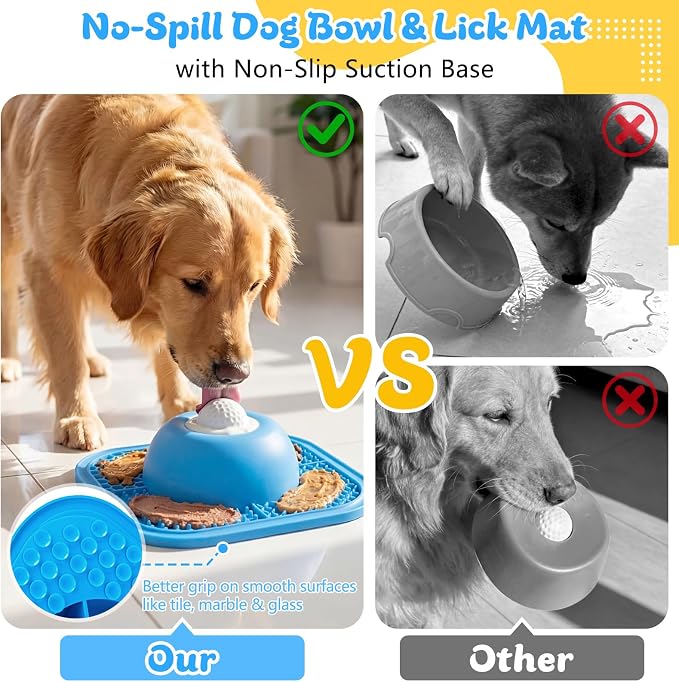 Slow Feeder Dog Bowls & Lick Mat for Liquid and Thick Treat, Anti-Slip Dog Lick Bowl with Interactive Rolling Ball, 5/6 Cup Pup Licking Toy for Large Medium Small Dogs and Cats-Large Blue