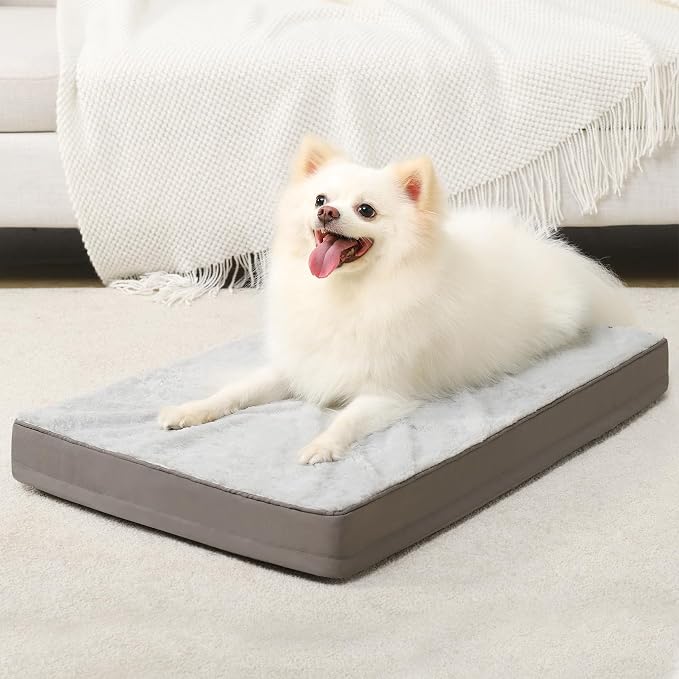 KSIIA Orthopedic Dog Bed for Small Dogs with Waterproof Lining, Grey, 23x17 | Deluxe Soft Plush Dog Crate Bed, Washable Pet Mat with Removable Cover & Egg Crate Foam for Small Dogs Sleeping & Relaxing