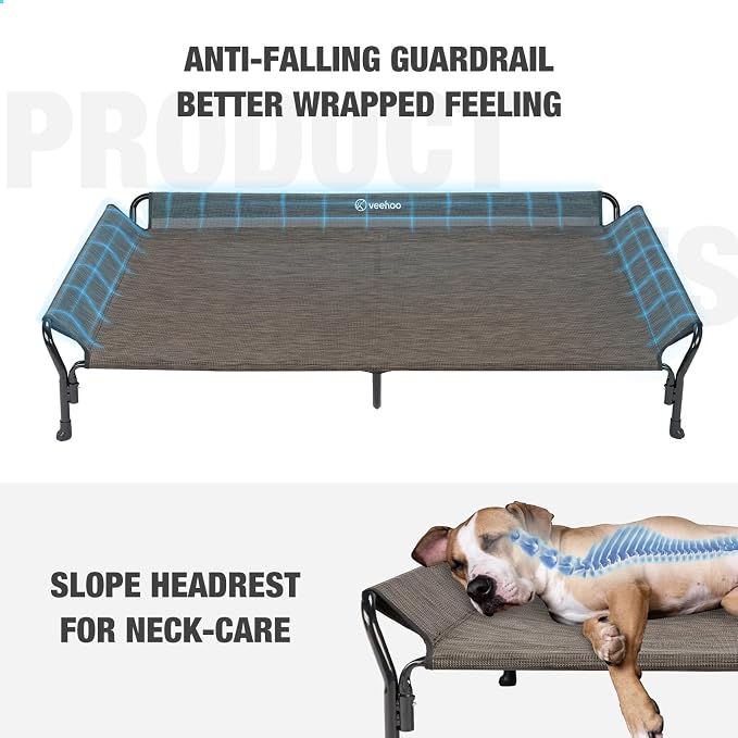 Veehoo Cooling Elevated Dog Bed, Raised Dog Cot with Guardrail & Headrest | Washable Dog Couch Bed for Indoor & Outdoor, Durable Breathable Teslin Mesh, Non-Slip Feet, XX Large, 63" x 37", Brown