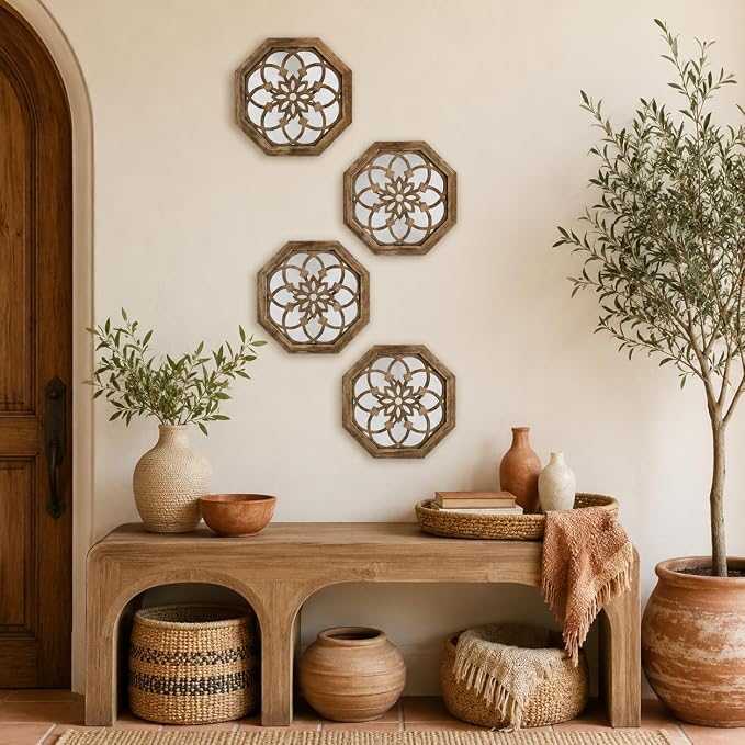 4 Pack 12 Inch Octagon Maroon Rustic Wood Frame Acrylic Wall Mirrors, Farmhouse Boho Wall Art Decor for Living Room, Bedroom, Hallway, Entryway, Bathroom & Office