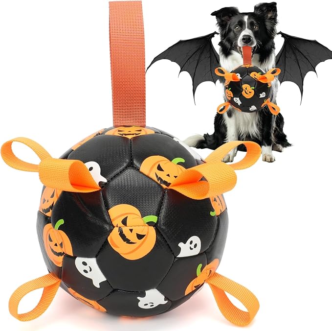Dog Toys Balls, Dog Soccer Ball with Straps, Dog Birthday Gifts, Durable Balls for Small Medium Pet, Puppy Outdoor Toy, Pet Training Soccer Ball, World Cup Soccer (6 Inch) (Ghost, Medium)