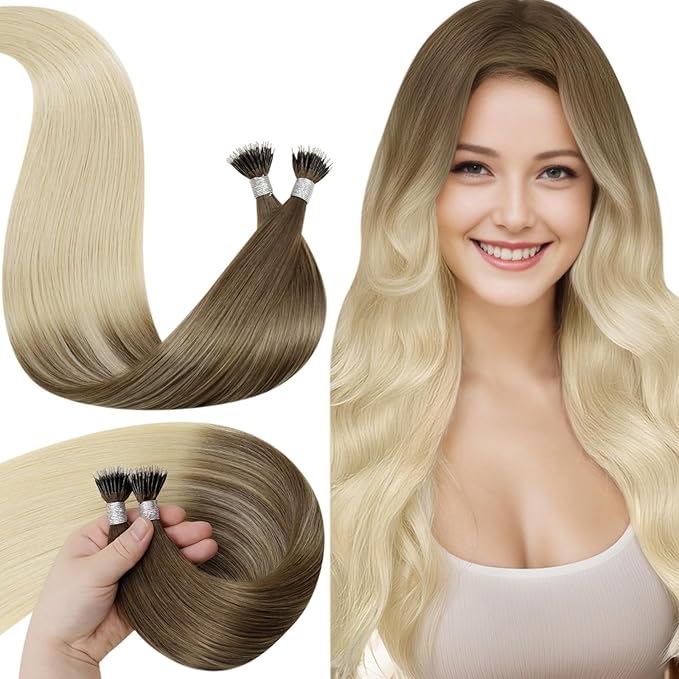 LaaVoo Nano Bead Hair Extensions Human Hair Blonde Nano Ring Hair Extensions Ombre Color Ash Brown Fading to Light Blonde 14 Inch 50s 50g