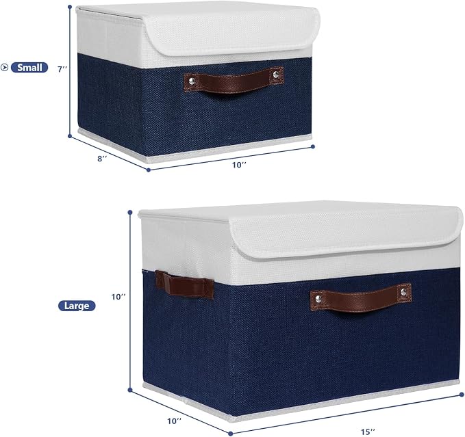ANMINY Fabric Storage Box Bins with Lids, Blue White, 10"x8"x7", 2 Pack | Keepsake Memory Storage, Cotton Linen, PP Board Reinforced, Washable, PU Handles, Foldable & Stackable, Decorative, Small