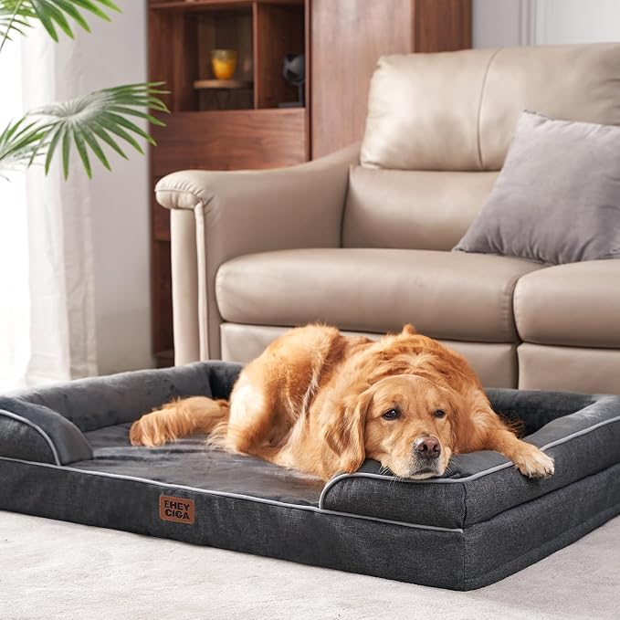 EHEYCIGA Orthopedic Extra Large Dog Bed, Waterproof Washable XL Pet Bed 44" | Non-Slip Bottom and Egg-Crate Memory Foam Big Dog Couch Bed with Washable Removable Cover, Dark Grey, 44Inch