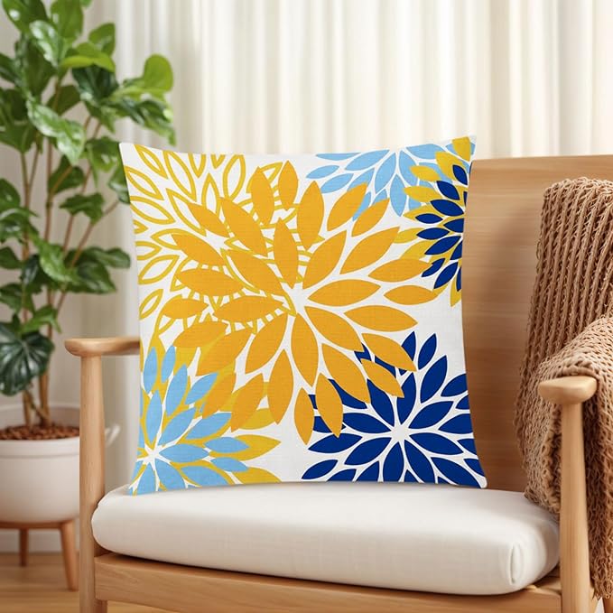 Yellow Blue Throw Pillow Covers 20x20 Set of 6, Large Daisy Floral Decor | daisy dahlia floral, Botanical floral, Large Throw Pillow Size, Breathable Linen Texture, Spring Couch Sofa Living Room