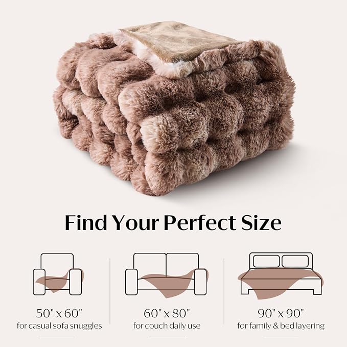 DOWNCOOL Large Faux Rabbit Fur Throw Blanket, Soft Fluffy Fuzzy Plush Bubble Blanket for Couch Sofa & Bed, Cozy Warm Luxury Fleece Minky Blanket, 90x90 Inches Tie-dye Brown