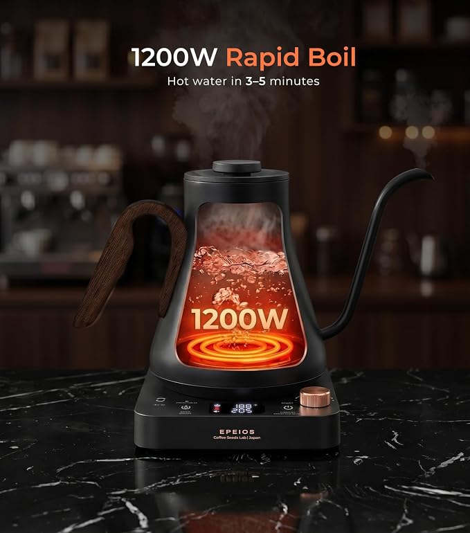 Epeios Electric Kettle, Gooseneck Electric Kettle with ±1°F Temperature Control, 1200W Rapid Heating for Pour Over Coffee & Tea, 304 Stainless Steel Interior, Auto Shut-Off, 0.9L, Matte Black