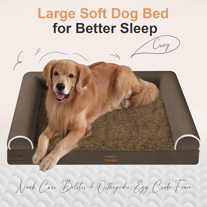 Orthopedic Dog Bed for Large Dogs, 36 x 27 Inch, Dark Coffee | Egg crate foam for joint support, 3-sided bolster pet sofa, waterproof lining, washable cover, and non-skid base