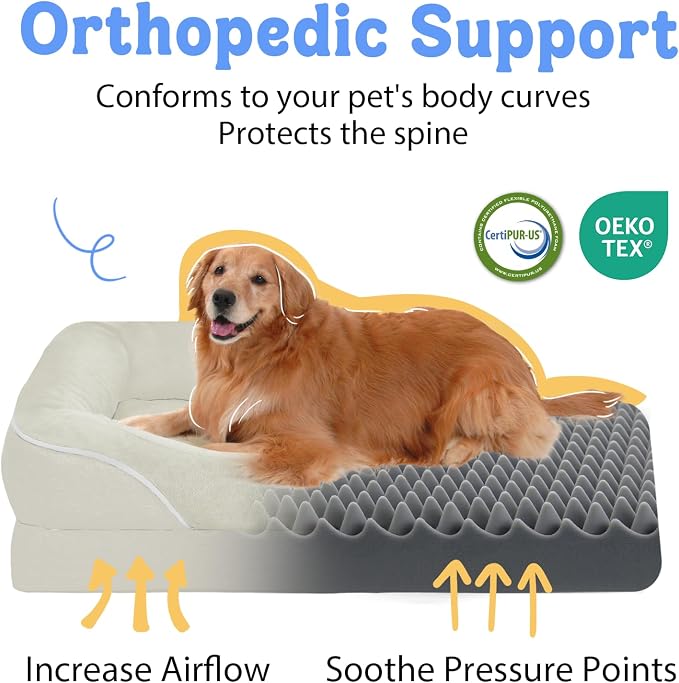 Jumbo Orthopedic Waterproof Dog Bed Pet Sofa for Giant Dogs | Extra Thick Egg Crate Foam, 4-Sided Bolster Support, Waterproof Liner, Non-Slip Bottom, Machine Washable Cover, 53 x 42 Inch