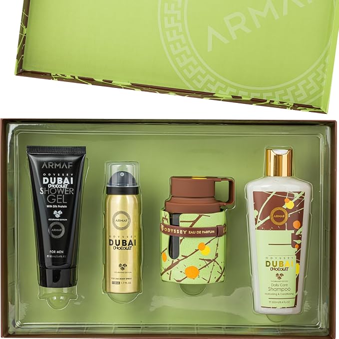 Armaf Odyssey Dubai Chocolat – Gourmand, Sweet, Woody – 4-Piece Gift Set for Unisex (3.4 oz Eau de Parfum + 3.4 oz Shower Gel + 1.7 oz Body Spray + 8.4 oz Shampoo)