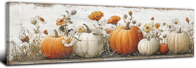 Large Pumpkin Wall Art Fall Wall Decor Farmhouse Kitchen Pictures Wall Decor Autumn Pumpkins Leaves Canvas Prints Painting Rustic Botanical Poster Artwork for Bedroom Living Room Decoration 14x48”